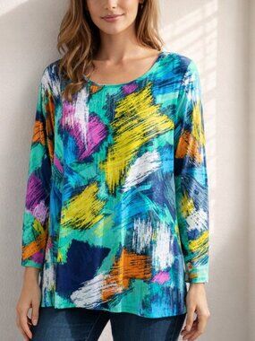 La Ropas USA Colorful O'Neck Tunic Relaxed Abstract Print Small 3/4 Sleeve Top